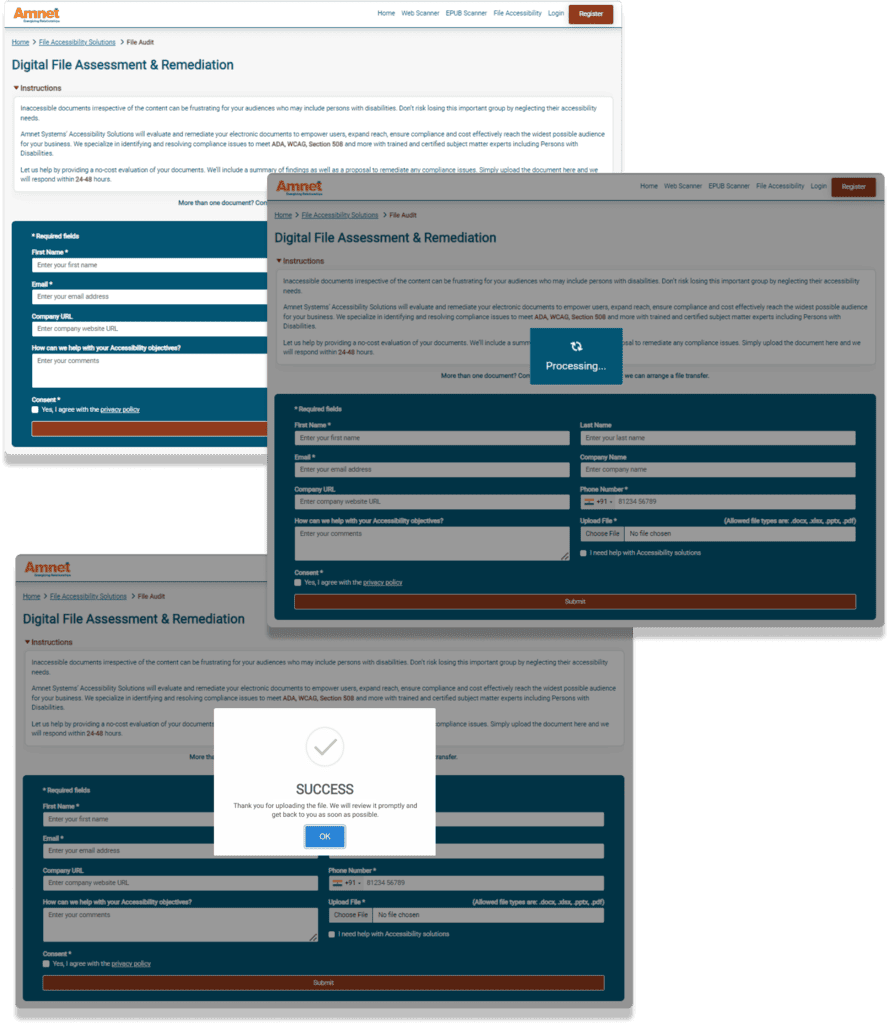 Three screenshots show the file upload process for digital assessment on the Amnet webpage. It also depicts the resultant message after a successful upload.
